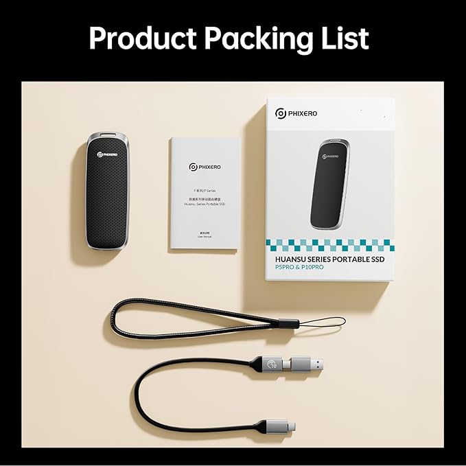 PHIXERO P10PRO External NVMe SSD 1TB, Up to 1050MB/s, USB 3.2 Gen2, Includes 2-in-1 USB C Cable, Portable Hard Drive for iPhone 15+/Android/Windows/Mac, Black