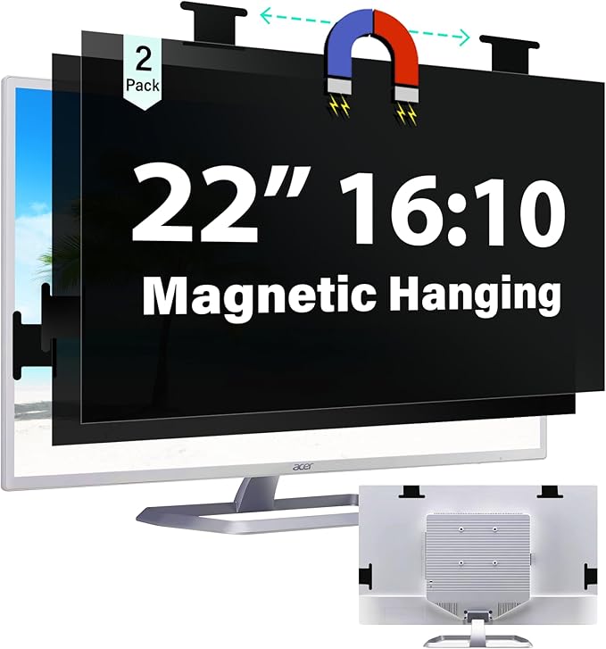 [2 Pack] Magnetic 22 Inch Computer Privacy Screen for 16:10 Aspect Ratio Widescreen Monitor, Hanging Eye Protection Anti Glare Blue Light Computer Monitor Privacy Filter, Removable 22in Protector Film