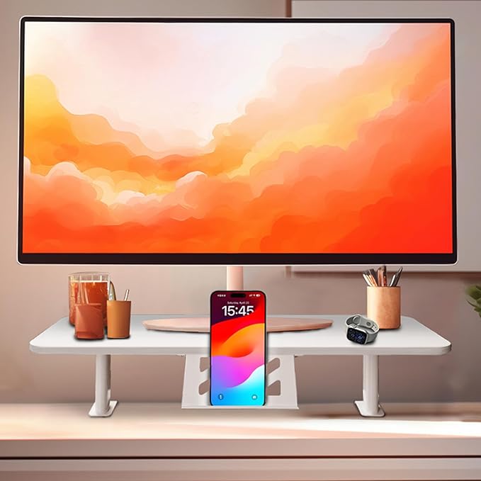 Clamp-On Monitor Stand Riser with Phone/Pad Holder, Height Adjustable from 6.7" to 10.7", Computer Desk Shelf for Laptop, PC, Home Office Workstation (White)