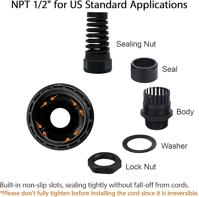 LeMotech 50Pcs NPT 1/2" IP68 Waterproof Cable Gland Flex Spiral Strain Relief Black Nylon Joint with Gaskets for 6-12mm Wire Thread