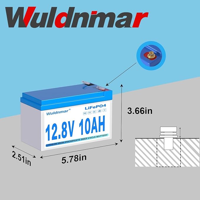 12V 10Ah LiFePO4 Battery, Lithium Battery with BMS, 3000+ Cycles, 128WH Deep Cycle Battery for Marine Battery, Car, RV, Golf Cart, Solar, Trolling Motor, Replace AGM/SLA