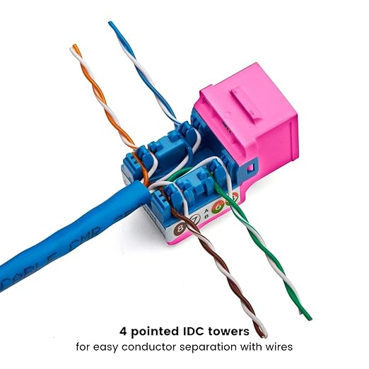 trueCABLE Cat5e Keystone Jack, Unshielded (UTP), 90 Degree Punch-Down, PoE++ (4PPoE) 100W, UL Listed, ETL Verified, ANSI/TIA Certified, Modular RJ45 Female, Pink, 24 Pack