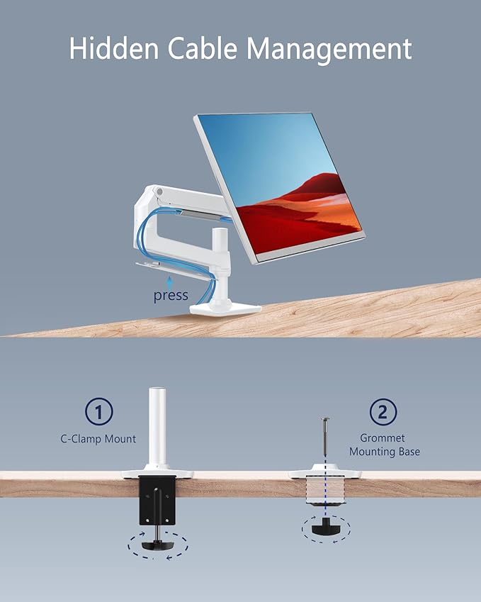 Ergounion Heavy Duty Single Monitor Arm, Mechanical Spring Desk Mount for 13-40 Inch Ultrawide Screens, Holds up to 25lbs, High-Grade Aluminum VESA Mount with C-Clamp & Grommet Base, No-Droop, White