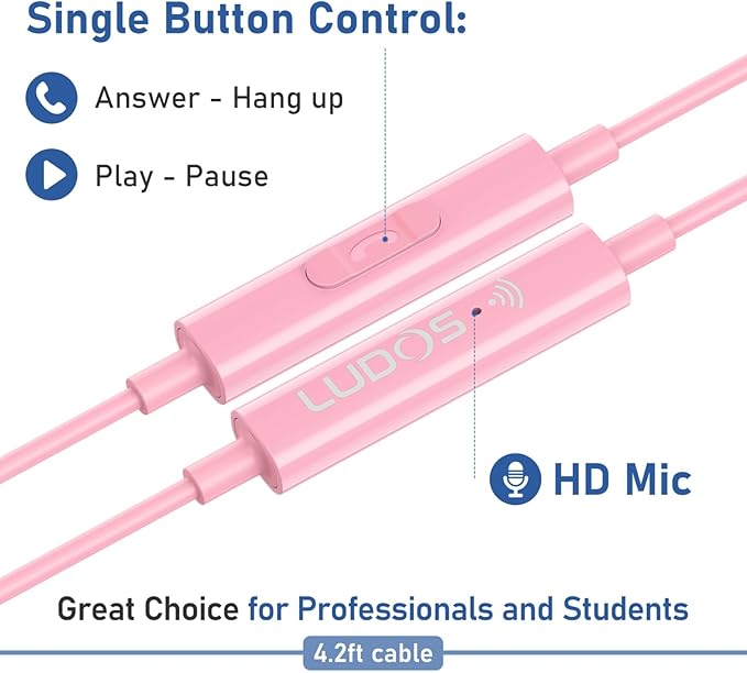 LUDOS Clamor USB C Headphones for iPhone 16 15 Pro Max Plus iPad Pro, 5 Years Warranty, USB-C Earbuds for Samsung Galaxy S24 S23 Ultra S22 S21 FE S20 A55 A54 A53, USB Type C Earphones - Pink