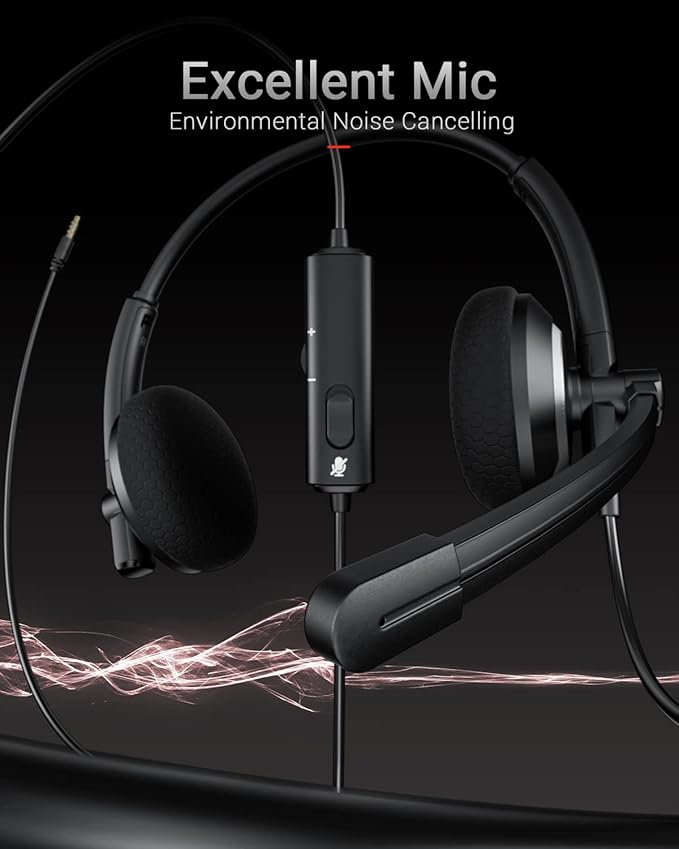 Wired Headset with Microphone for PC Laptop - 3.5mm Jack On Ear Headphones with Noise Cancelling Microphone for Boom Skype Webinars, in-line Control,Comfortable