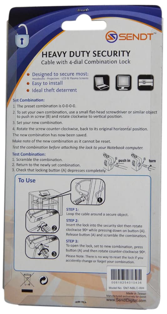 Sendt White Notebook/Laptop Combination Lock Security Cable