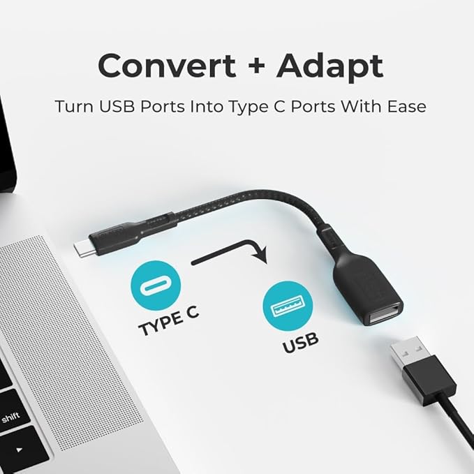 BLACK+DECKER USB C to USB A Adapter, USB C Male to USB Female Adapter Nylon Braid, Type C OTG Cable Compatible w/iPhone 16 15 Pro, MacBook Pro 2022/Air/Mini, iPad—2 Pack, 3" (Black)