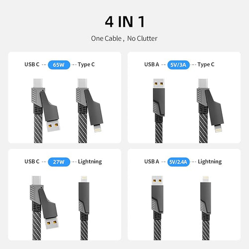 4 in 1 Multi Charging Cable Fast Charging 65W, USB C Cable with E-Mark Chip