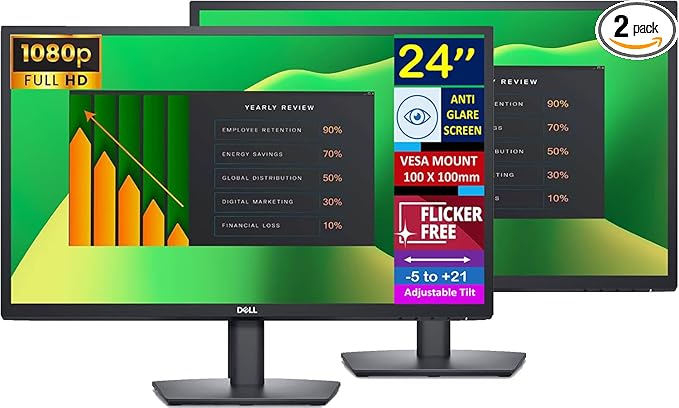 Dell 24" FHD VA (1920x1080) 60Hz Flicker Free Monitor, Anti-Glare Display, 1 x DisplayPort, 1 x VGA, VESA Mount (100x100mm), Ideal for Home & Business, Black Color (2025 Latest Model) (2 Pack)