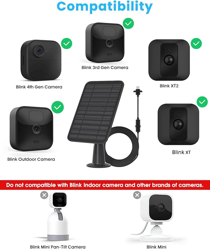 5W Solar Panel Compatible with Blink Outdoor 4(4th Gen)/Blink Outdoor(3rd Gen) XT3 & Blink XT2/XT Camera, Blink Solar Panel Charger with 13.1ft Cable Rubber Plug, IP65 Waterproof, Secure Mount, 2 Pack