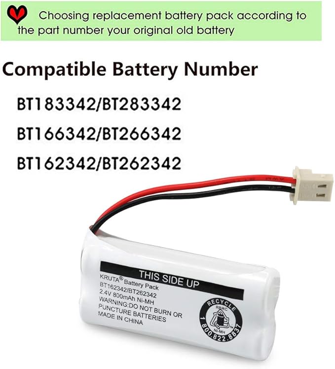 Kruta BT162342 BT262342 Cordless Phone Batteries Compatible with BT183342 BT283342 BT166342 BT266342 VTech CS6114 CS6419 CS6719 at&T EL52300 CL80111 Handset Telephone (Pack 8)