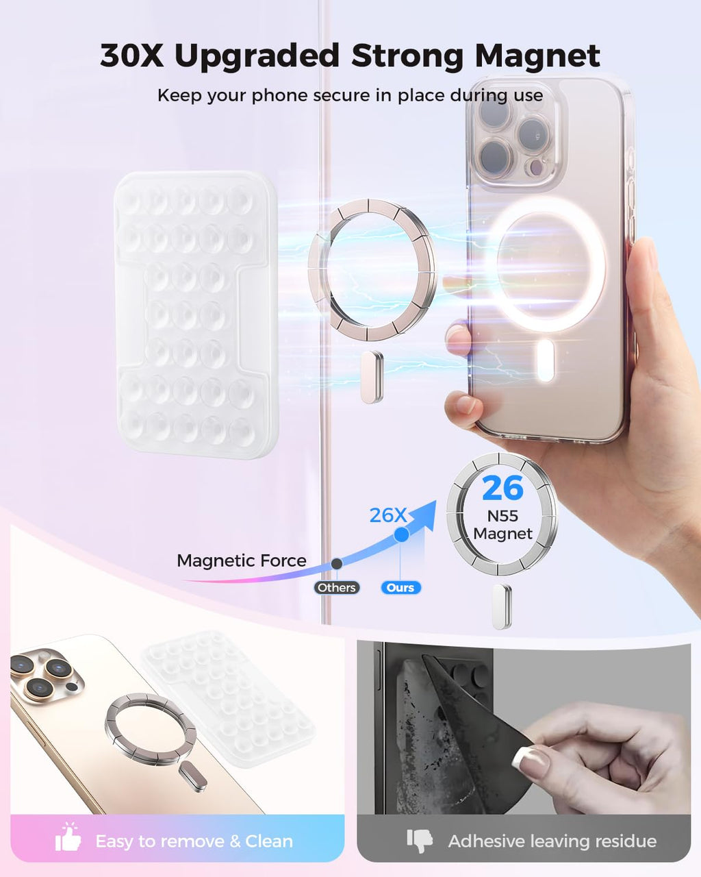 SUPERONE Magnetic Suction Phone Mount for MagSafe Case, Magnetic Silicone Sticky Phone Grip Holder for iPhone 17/16/15/14/13/12 Series, Hands-Free for Makeup/Selfie/Live Streaming/Vlog/TikTok - Clear