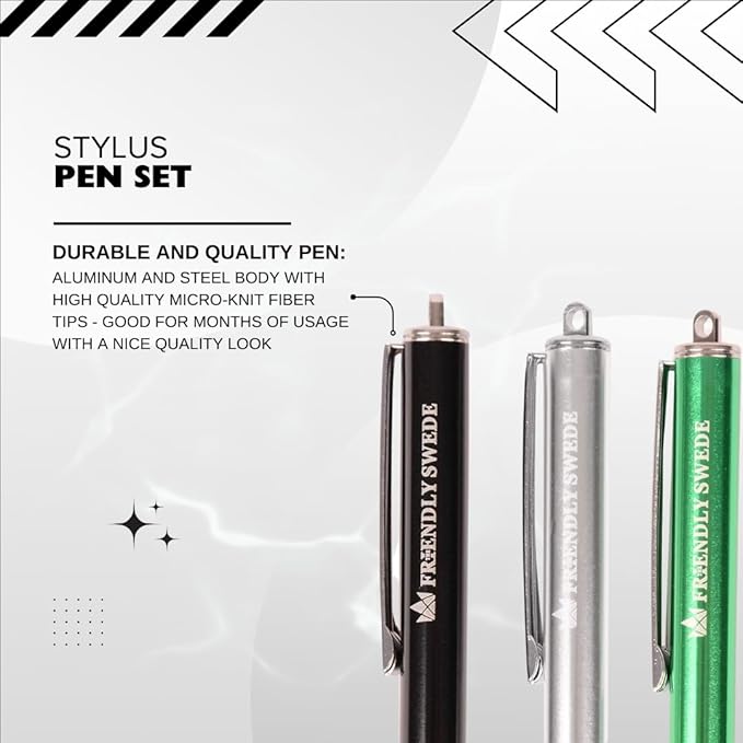 The Friendly Swede Mesh Tip Stylus Pen for Touchscreen — 3-Pack Micro-Knit Capacitive Stylus Pen for iPad & iPhone with 3 Replaceable Fiber Tips, Elastic Lanyards & Screen Cleaning Cloth