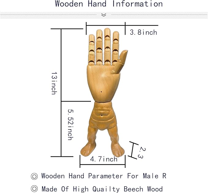 Hand Model,Wood Hand for Nails,Drawing Wooden Hand,Wooden Mannequin,Wood Hand,Hand Model for Drawing,Male_R with Lower Body