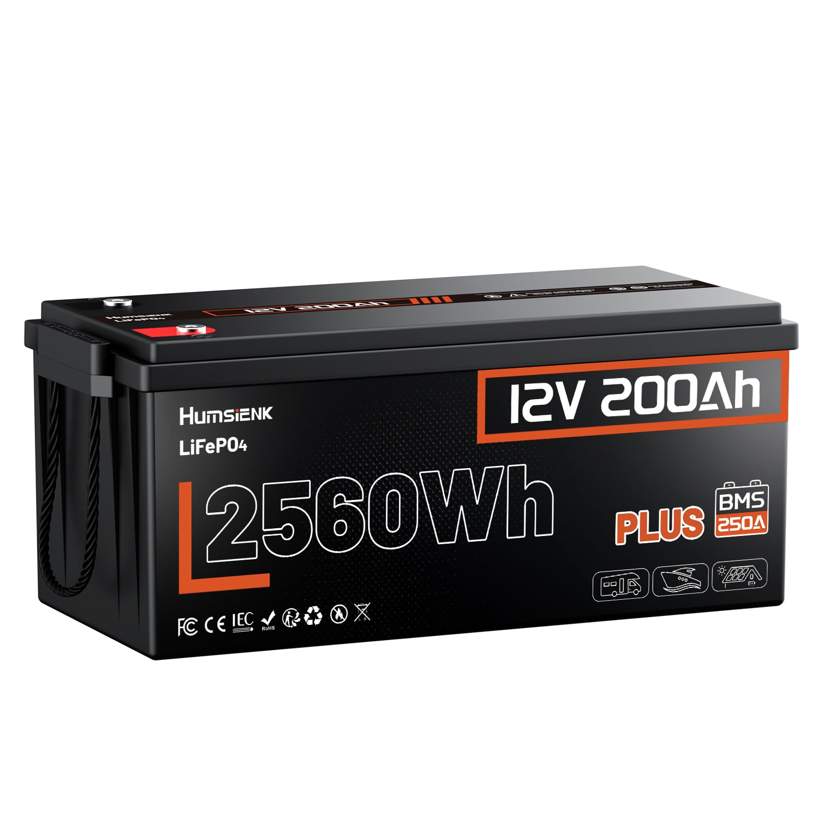 HumsiENK 12V 200Ah LiFePO4 Lithium Battery – Max. 2560Wh, 6000-15000 Deep Cycle Battery with 250A BMS, Low-Temp Cutoff | A+ Grade Cells for Marine, Trolling Motor, Off-Grid Home Energy Storage