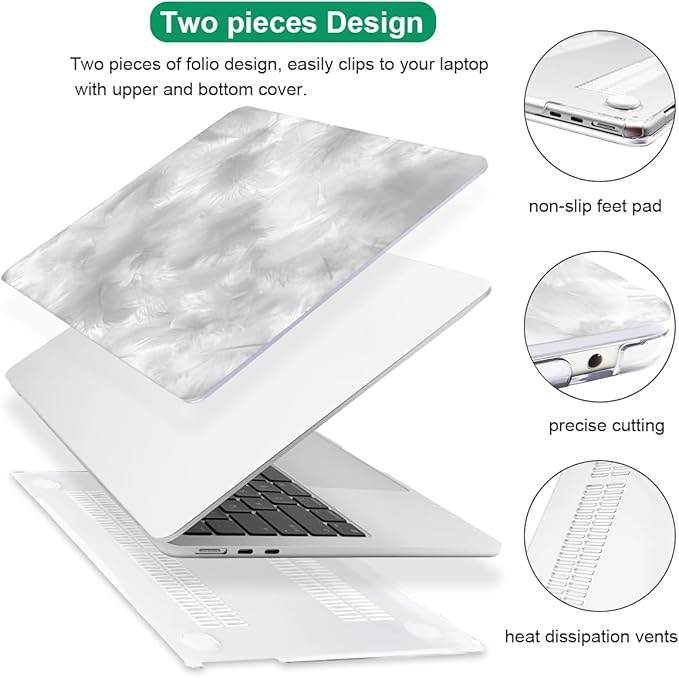 for M4 MacBook Air 13.6 Case 2025 2024 2023 2022 M3 A3113 A2681 M2 Chip, Pattern Plastic Matte Hard Shell Case Keyboard Skin for 2025 Mac Air 13.6 inch Cover M4 A3420 Touch ID, Gray Feather