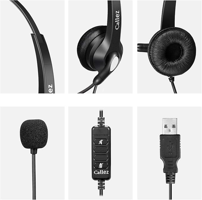USB Headset with Microphone Noise Cancelling & Audio Controls, Stereo Computer Headphones for Business Skype UC Lync Softphone Call Center Office, Clearer Voice, Super Light, Ultra Comfort