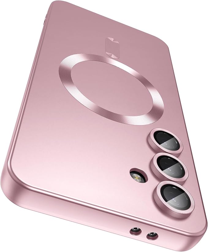 Magnetic for Samsung Galaxy S24 FE Case [Compatible with MagSafe][Built-in Camera Lens Protector] Slim Soft Silicone Bumper Shockproof Metallic Luster Phone Cover (Rose Gold)