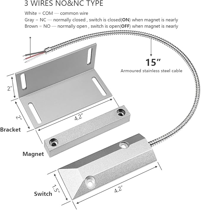 NO&NC 3 Wires Magnetic Garage Door Contacts Heavy Duty Alarm Switch Sensor for Roller Shutter with Adjustable Bracket
