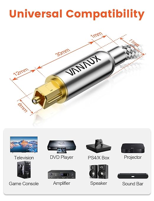 VANAUX 33FT Digital Optical Audio Cable (24K Gold Plated Connectors, Aluminum Alloy Shell, Braided Jacket) S/PDIF Toslink Cable for Home Theater, Soundbars, Gaming Consoles