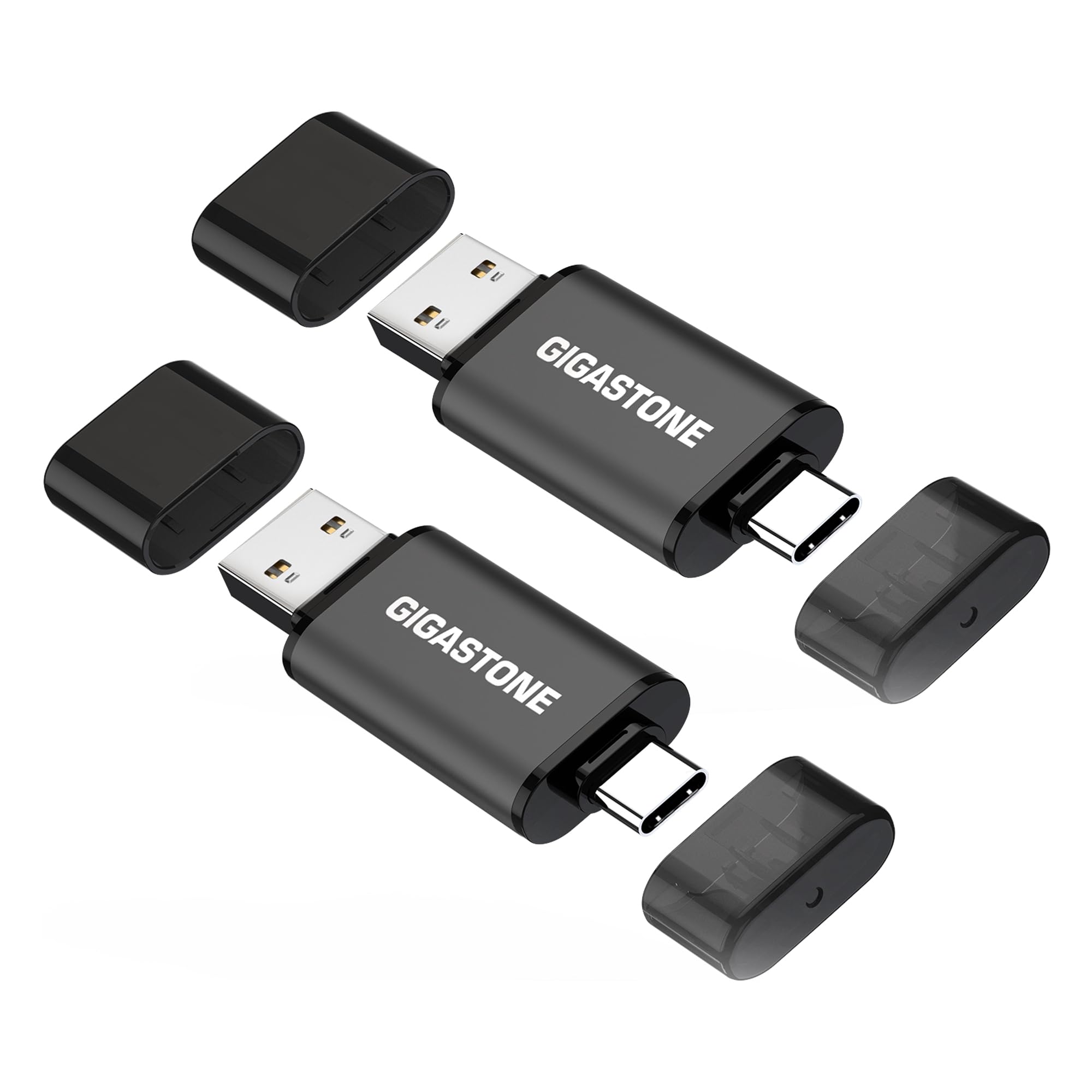 GIGASTONE 128GB Dual USB Flash Drive 2-Pack, USB 3.2 Gen 1, 2-in-1 USB C+A, Speed Up to 100MB/s, Head Cap Design Thumb Drive, Plug & Play for Smartphone/PC/Mac/TV/Car Audio, USB 2.0/3.0/3.1 Compatible