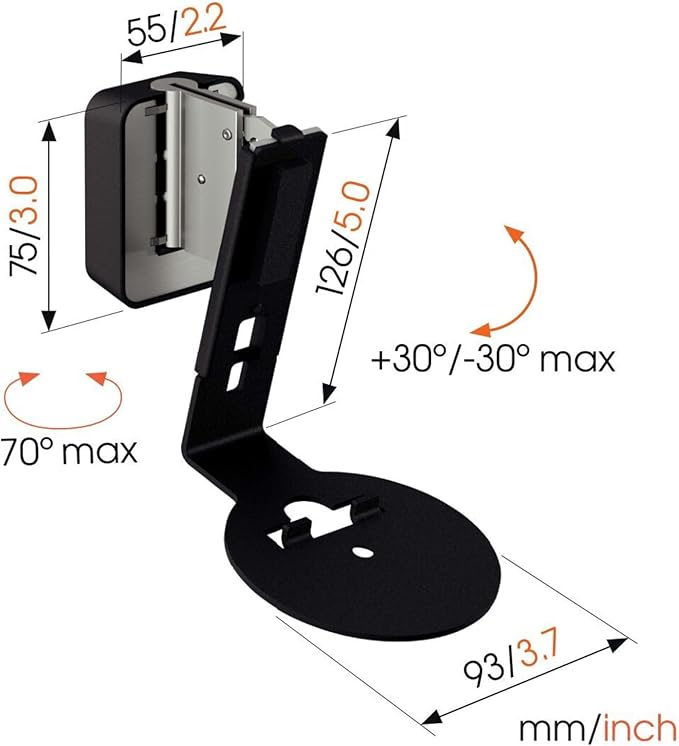 Vogel's SWM 4111 Speaker Wall Bracket for Sonos ERA 100, Max. 11 lbs (5 kg), Tiltable -30º/+30º, Swivels up to 70º (Left/Right), Black, 1 Bracket