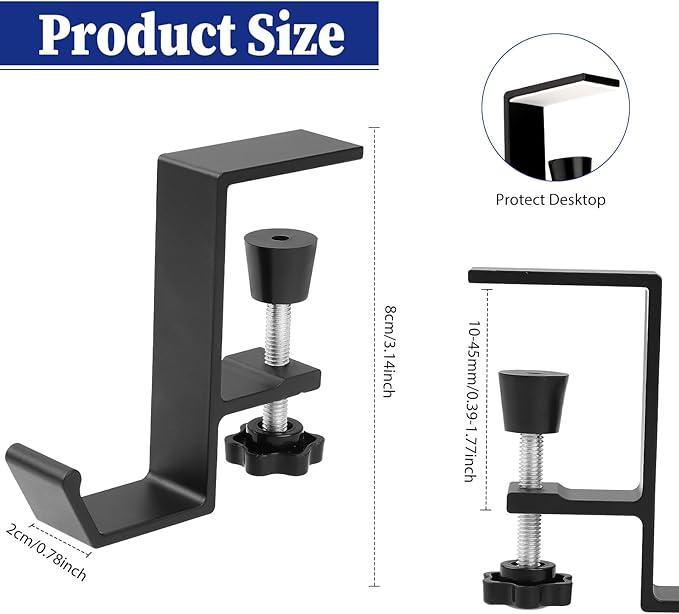 Jeffdad Metal Headphone Hook, Headphone Hanger with Single Hooks, Universal Aluminum Alloy Gaming Headphone Stand Under Desk, Non-Slip Adjustable Desk Headphone Hanger Hook