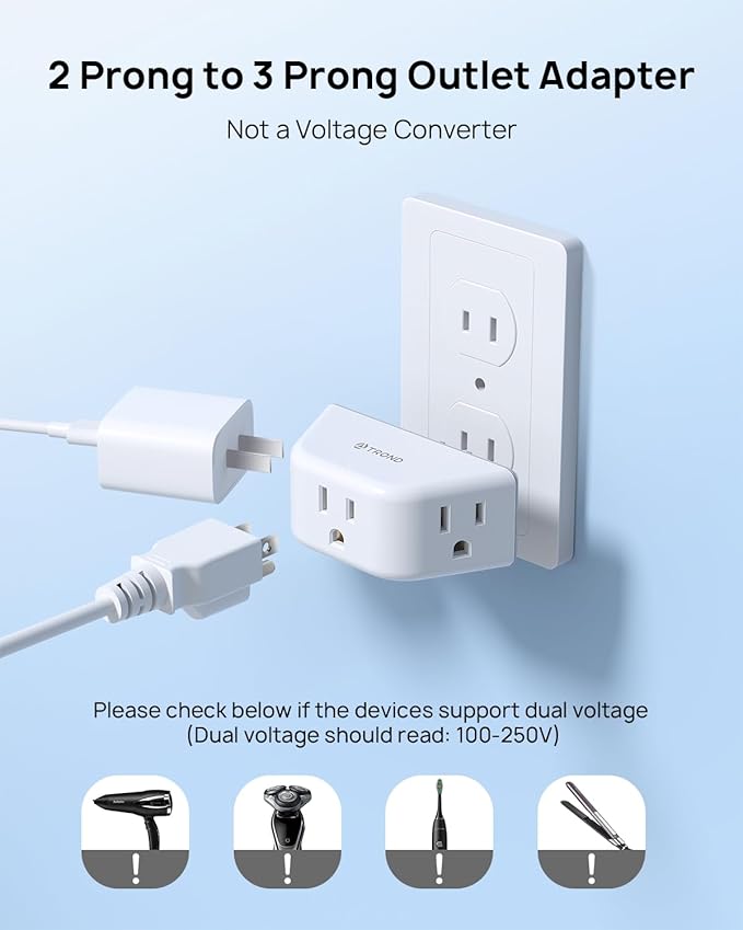 TROND 2 Prong to 3 Prong Outlet Adapter, 3-Way Angled Plug Extender with 3 AC Sockets, Wall Splitter for Non-Grounded Outlets in Old House, Cruise Essentials, White