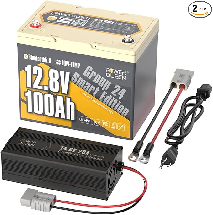 Power Queen Bluetooth 12V 100Ah LiFePO4 Battery with 14.6V20A LiFePO4 Battery Charger, Group 24 Deep Cycle Battery, 100A BMS with Low-Temp Cut-off Protection for RV, Trolling Motors, Solar System