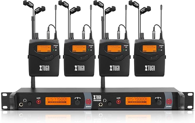 XTUGA RW2080 Wireless in Ear Monitor System 4 Bodypacks UHF IEM System, Dual Channel Mono Design Stage Monitors Earphone with 40 Frequencies, 300Ft for Band, Studio or Musicians, 902-928mhz