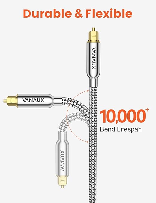 VANAUX Digital Optical Audio Cable 15FT (24K Gold Plated Connectors, Aluminum Alloy Shell,Braided Jacket) S/PDIF Toslink Cable Fiber Optic Cable for Home Theater, Soundbars, Gaming Consoles