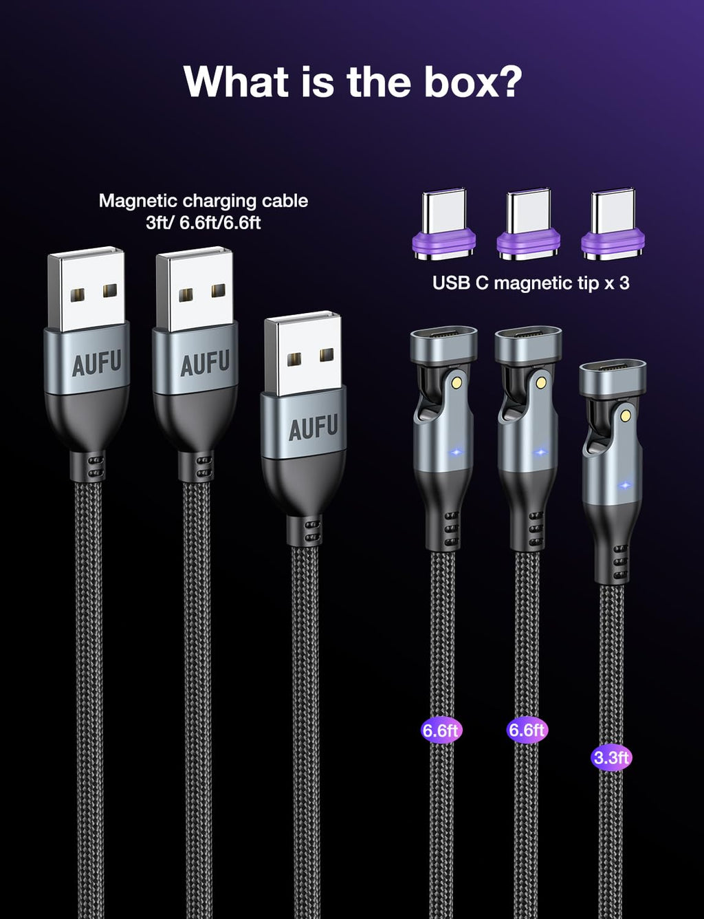 AUFU 16PIN USB-C Magnetic Charging Cable 3-Pack/3.3ft6.6ft6.6ft