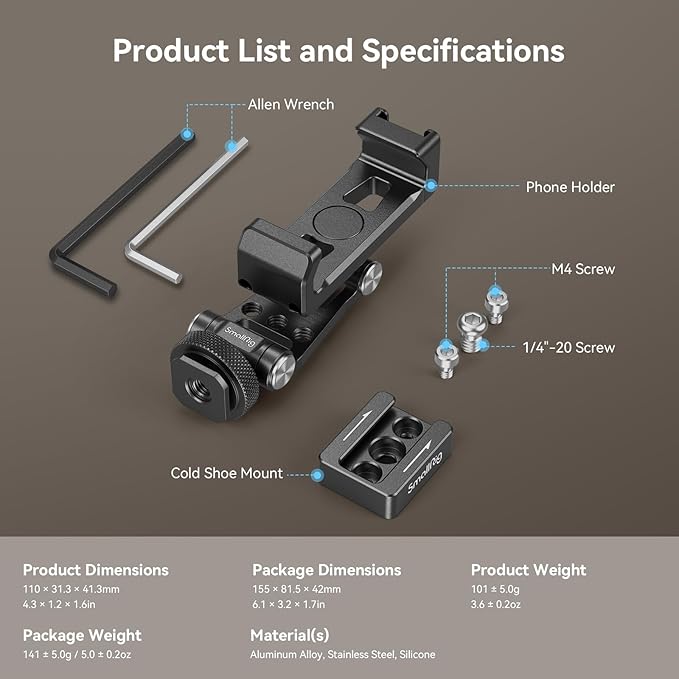 SmallRig Phone Support for DJI Stabilizers, Adjustment Phone Mount Adapter with 1/4"-20 Threaded Hole, Cold Shoe for DJI RS 4 Mini/RS 4 Pro/RS 3 /RS 3 Pro/RS 3 Mini/RS 2 / RS C2 / R S/R SC - 4301
