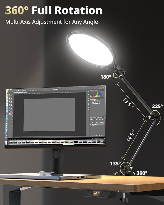 UBeesize 10" Key Light for Streaming, Desk Ring Light with Adjustable Arm (1 Pack), Zoom Lighting for Home Office, Gaming, Podcast, Video Calls, and Recording