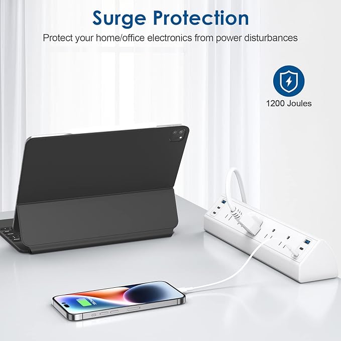 Desk Clamp Power Strip USB C,Under Desk Mount Power Station,20W Fast Charging,Fits 1.9'' Tabletop Edge,Desk Surge Protector,Perfect Home,Office Supplies (White, 5 Outlets & 6 USB Ports & 15 FT Cable)