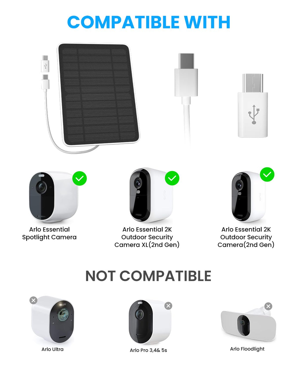 Solar Panel Charger Compatible with Arlo Essential 2K Outdoor(2nd Gen)/Essential XL Camera(2nd Gen)/Essential Spotlight, 5W Solar Panel with IP65 Waterproof 10ft Micro USB-C Cable & Wall Mount, 2 Pack