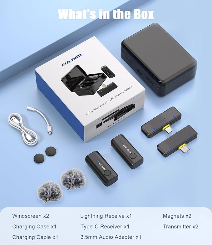 FULAIM X2 Wireless Lavalier Microphone for iPhone Android Phones iPad Tablets, Clip on Lapel Microphone System with 24H Charging Case for Video Recording Vlogging, YouTube, Interview