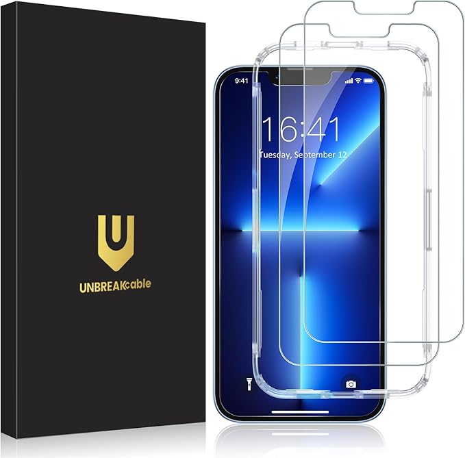 UNBREAKcable Screen Protector for iPhone 16e/iPhone 14/ iPhone 13/13 Pro, Shatterproof Tempered Glass [99.99% HD Clear] [9H Hardness] [Easy Installation Frame] for iPhone 6.1" - 2 Pack