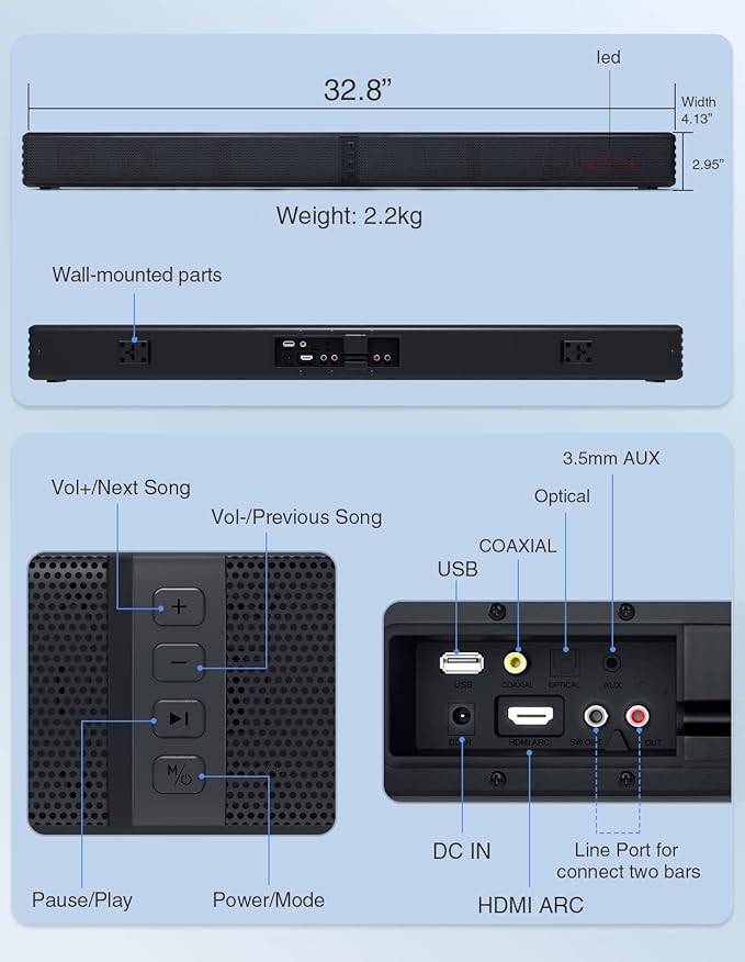 2 in 1 Separable Sound Bar for Smart TV, 2.2 Channel 32Inch Bluetooth 5.0 TV Speaker for Surround Sound System, Built-in Dual Subwoofer, Bass Adjustable, Remote Control Included(Sound Bar)