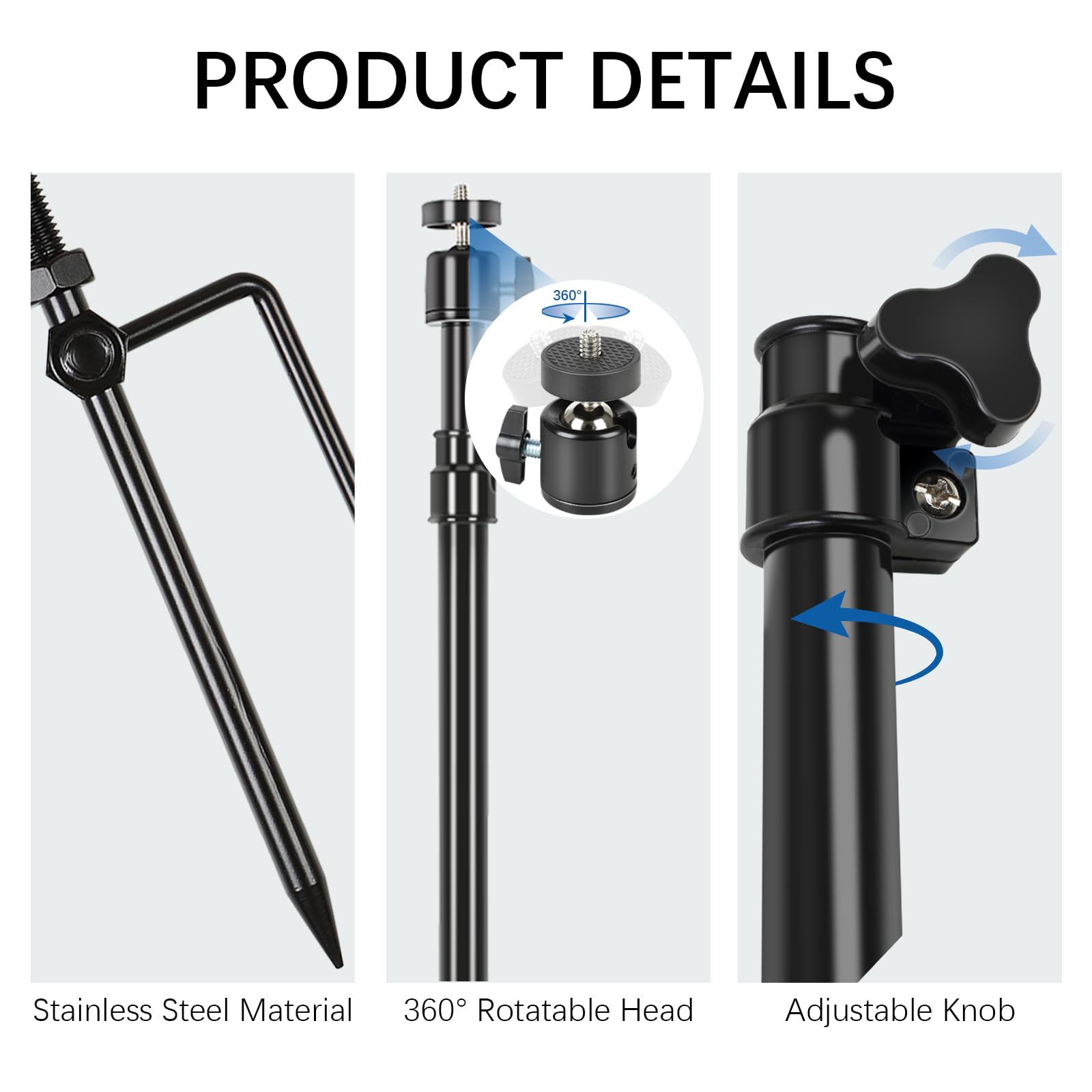 Trail Camera Mount,Height Adjustable (15.7"-28.3") & 360° Rotating Stake,Dual-Mode Base for Soft/Hard Ground Post,Game Cam Stand with 1/4"-20 Thread, Metal pole for Solar Panels,Hunting,Wildlife.3Pcs