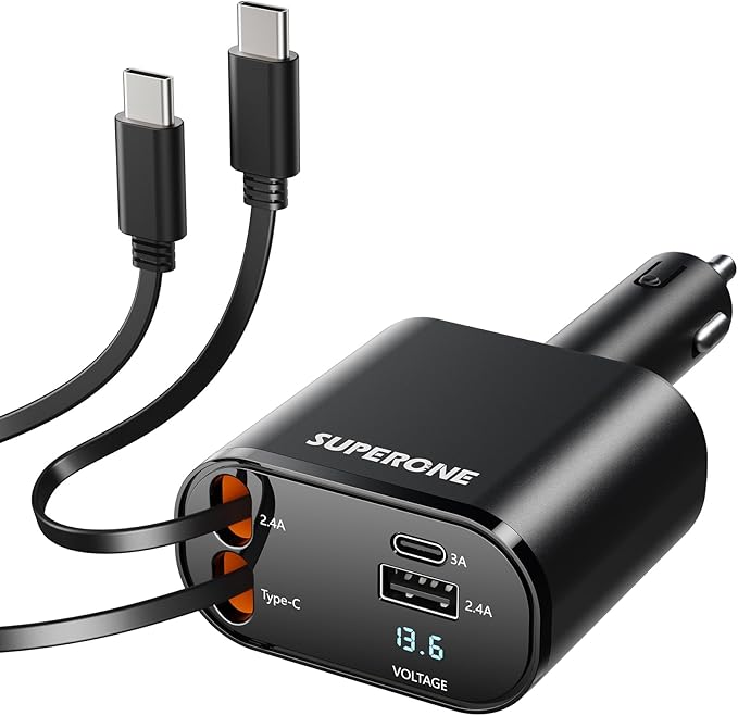 SUPERONE Retractable Car Charger for iPhone with Dual Type C Cables, 4 in 1 USB C Car Charger Adapter with PD 60W Fast Charging Compatible with iPhone 16 15 14 13 12 11 Pro/XS/XR/SE/iPad/Airpods