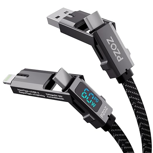 pzoz 4-in-1 USB C Fast Charging Cable with LED Display, Multi USBC Charger Combo Lightning/Type C/USB A Metal Ports for iPhone 16/15/14 Pro Max iPad MacBook AirPods Pro Samsung Google (60W, 5 ft)