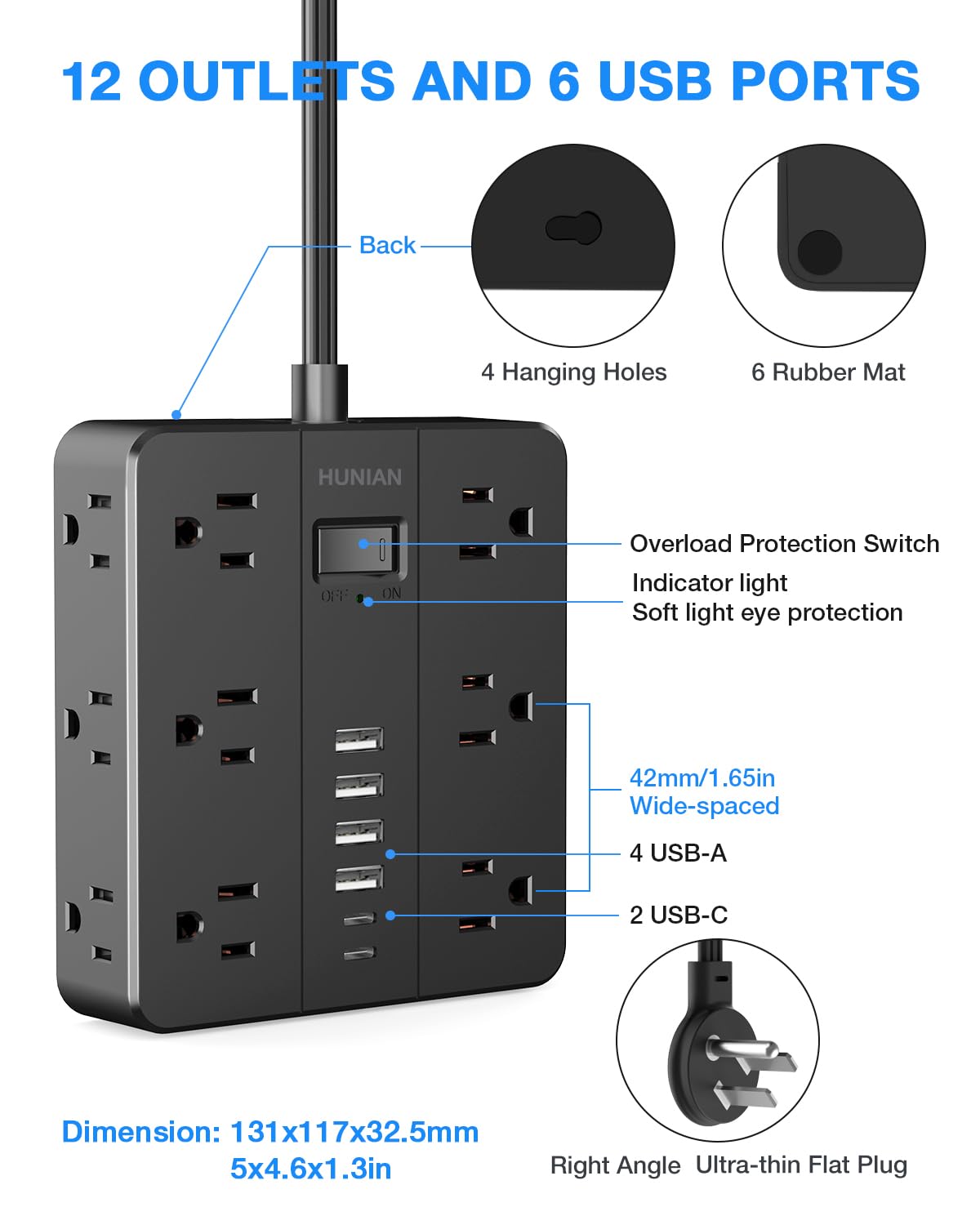 Flat Plug Power Strip, HUNIAN 5 Ft Extension Cord with 12 Widely Spaced Multiple Outlets 6 USB Charger (2 USB C Ports), Desk Charging Station for Home Office Supplies, Black