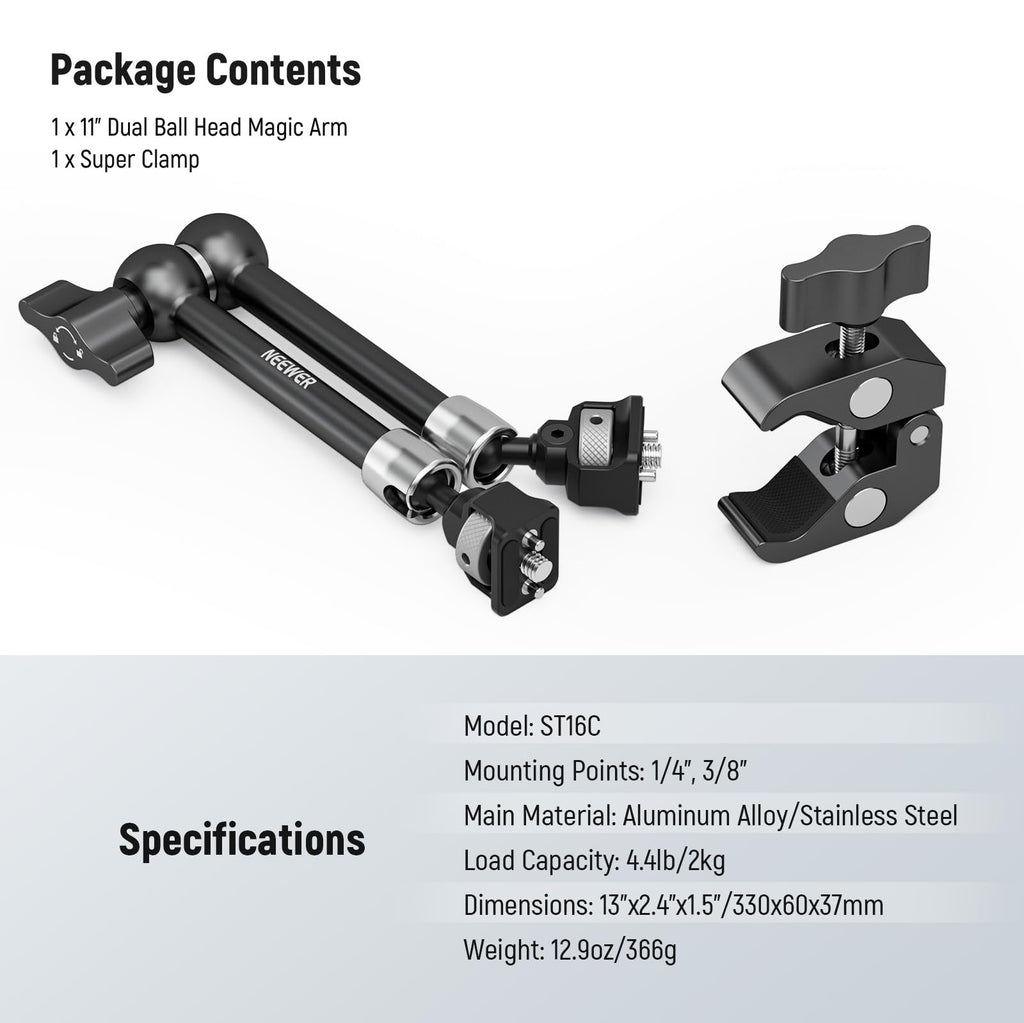 Neewer 11" Articulating Magic Arm Clamp Mount with Super Clamp, Camera Monitor Mount with 1/4" 3/8" ARRI Locating Pins & Holes for DSLR Action Camera Video Light Compatible with SmallRig Cage, ST16C