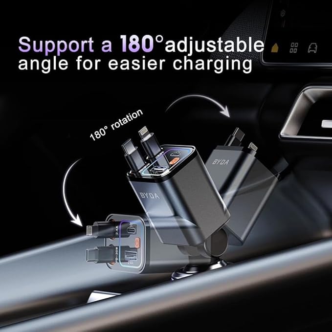 [2025 Mirco-Version] 4 in 1 Retractable Car Charger,69W Car Charger USB C,Cigarette Lighter Adapter,Fast Charging for iPhone 16e/16/15/14,13,Android (Pink, for Lightning+USB-C)