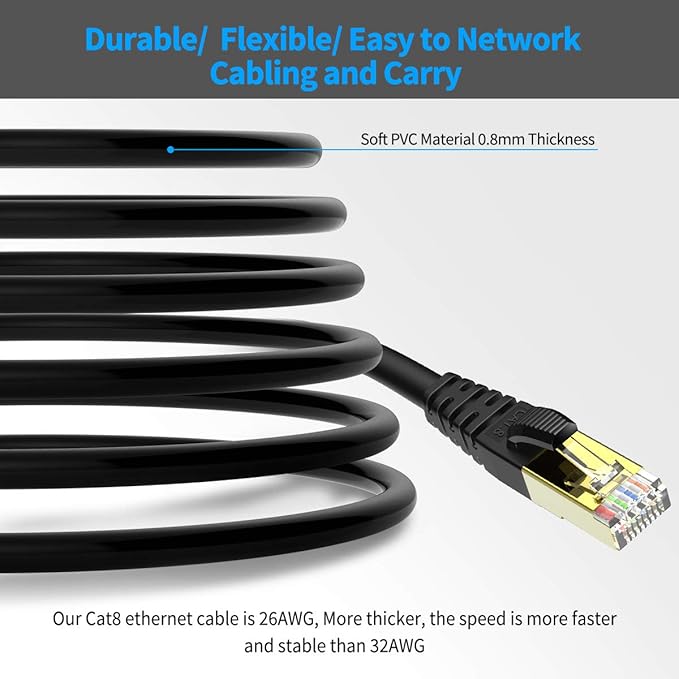 KASIMO CAT 8 Ethernet Cable 1 Feet, 10 Pack Black Shielded SFTP Internet Network Patch Cord, Heavy Duty High Speed LAN Cables w Gold Plated RJ45 Connector Professional for Router, Modem, Gaming