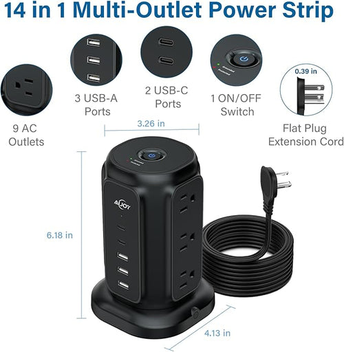 AiJoy Power Strip Tower with 9 AC Outlets and 5 USB Ports Charging Station