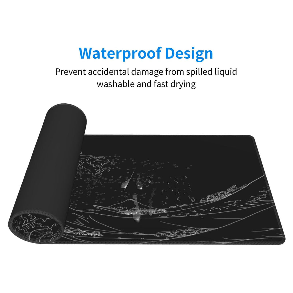 Japanese Sea Wave Large Mouse Pad, Anime Black Gaming, Extended Kanagawa Mat Desk Pad, 3mm Thick Long Non-Slip Rubber Base Mice Pad, 31.5 X 11.8 Inch