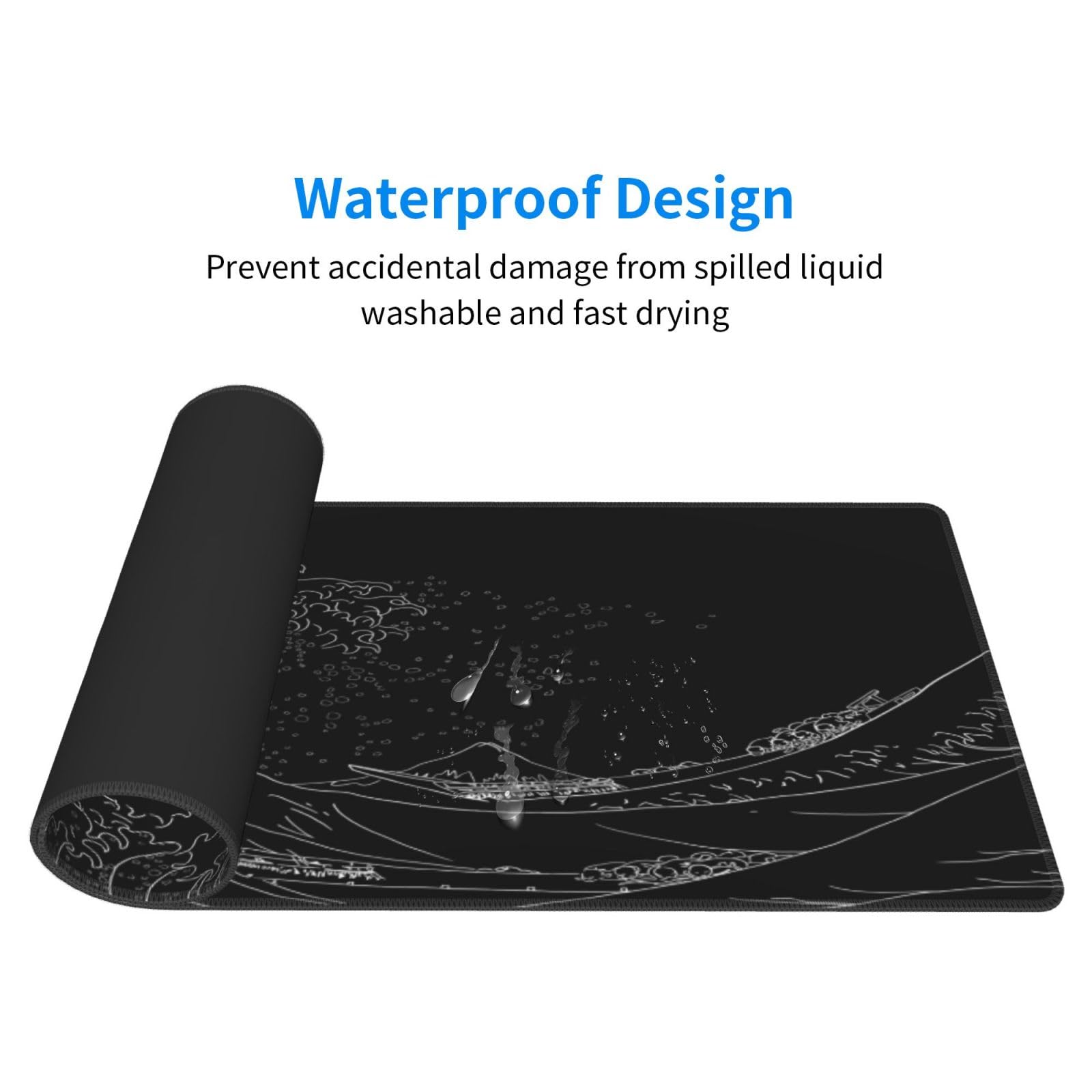 Japanese Sea Wave Large Mouse Pad, Anime Black Gaming, Extended Kanagawa Mat Desk Pad, 3mm Thick Long Non-Slip Rubber Base Mice Pad, 31.5 X 11.8 Inch
