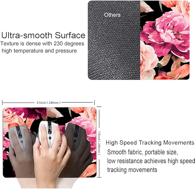 Watercolor Rose Flower Mouse Pad, Floral Mouse Pad Custom Design, Square Waterproof Mouse Pad Non-Slip Rubber Base MousePads for Office Laptop, 9.5x7.9x0.12 Inch